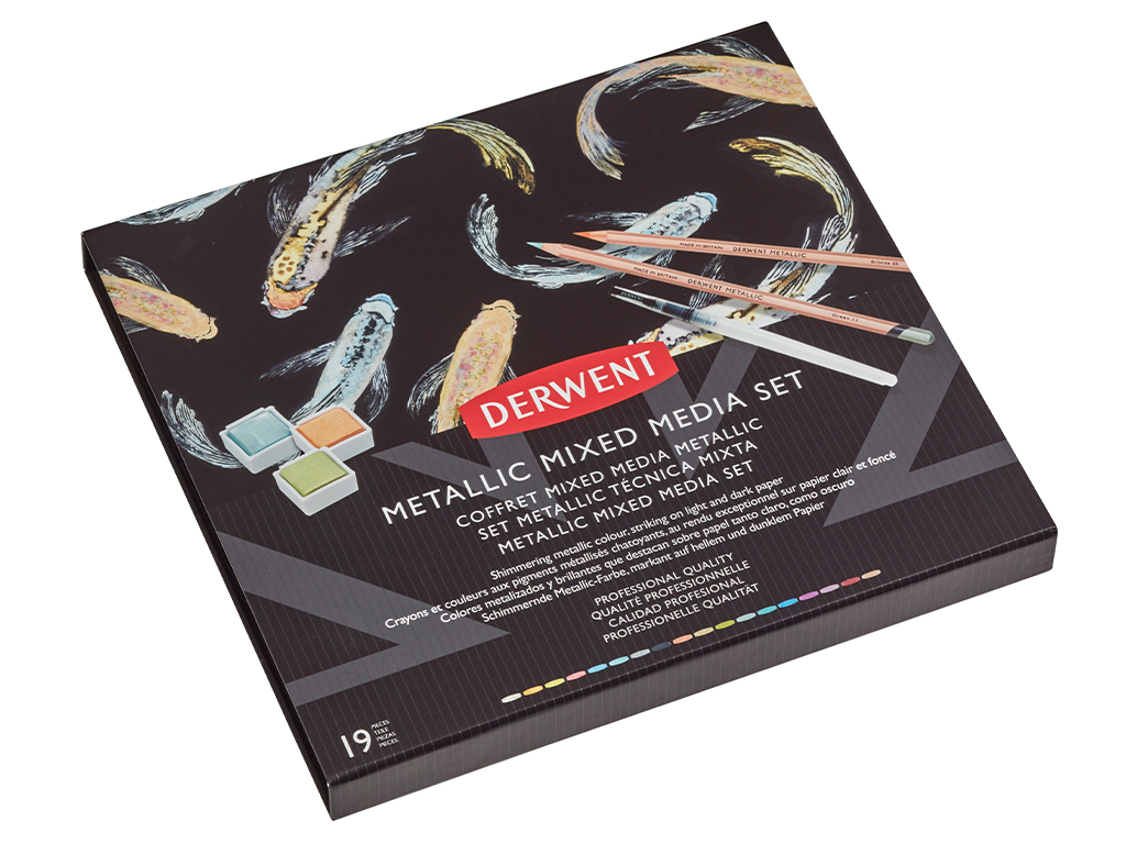 Värvipliiats Derwent Metallic 12tk+ akvarellvärv Metallic 6 nööpi+ veepintsel