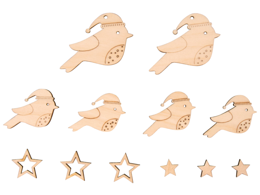 Wooden objects Rayher birds&stars 2.5-4.3cm 12pcs+cord 0.5m