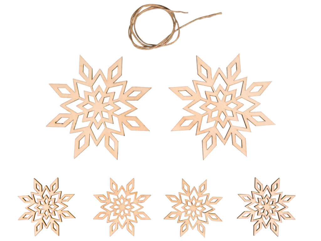 Wooden objects Rayher snowflakes 5-9cm 6pcs+cord 0.5m