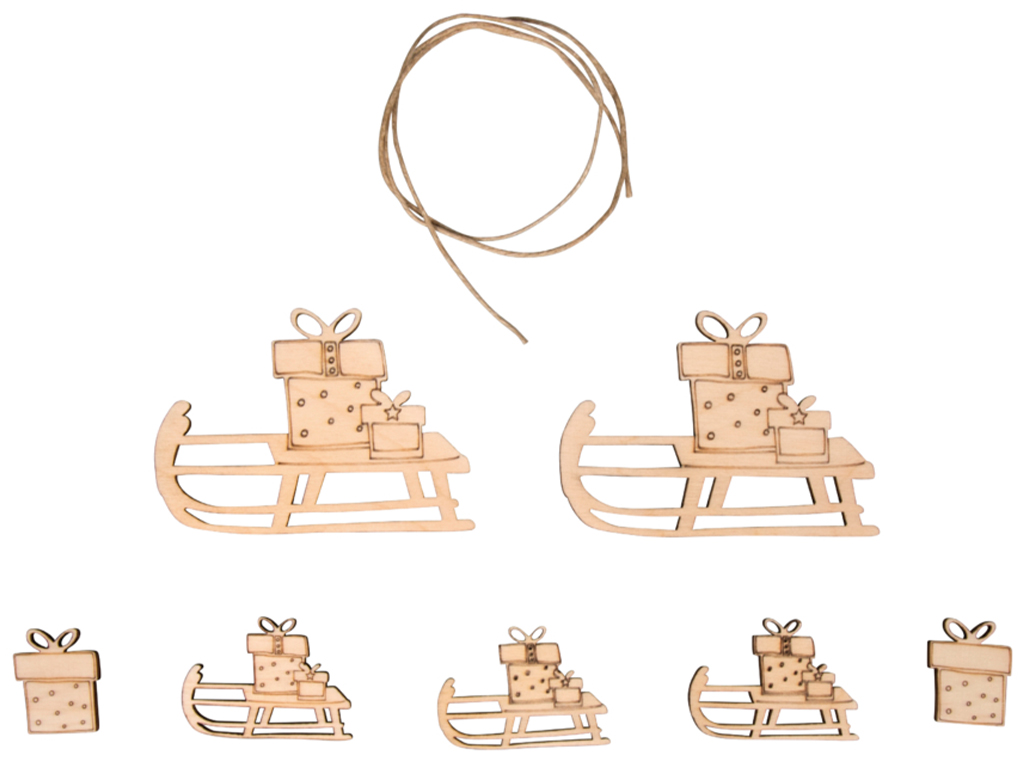 Wooden objects Rayher sledges 4-7.5cm 7pcs+cord 0.5m